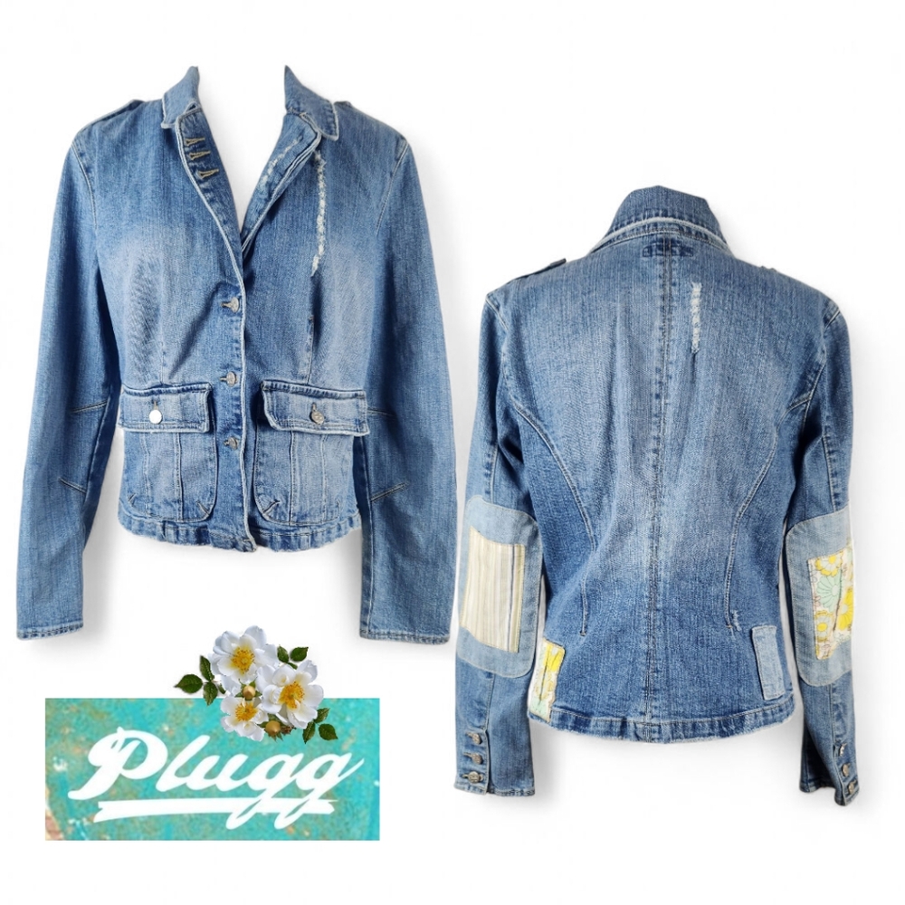 Y2K Vintage Plugg Denim Jacket Large Floral Patches Distressed Flap Pocket 12 14